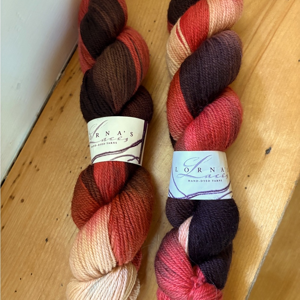 2 skeins of Hand dyed Superwash wool yarn by Lorna’s Laces.